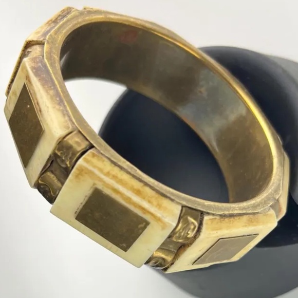 Vintage Bone & Brass Statement Bangle | African Geometric Bracelet | Handcrafted - Picture 4 of 6